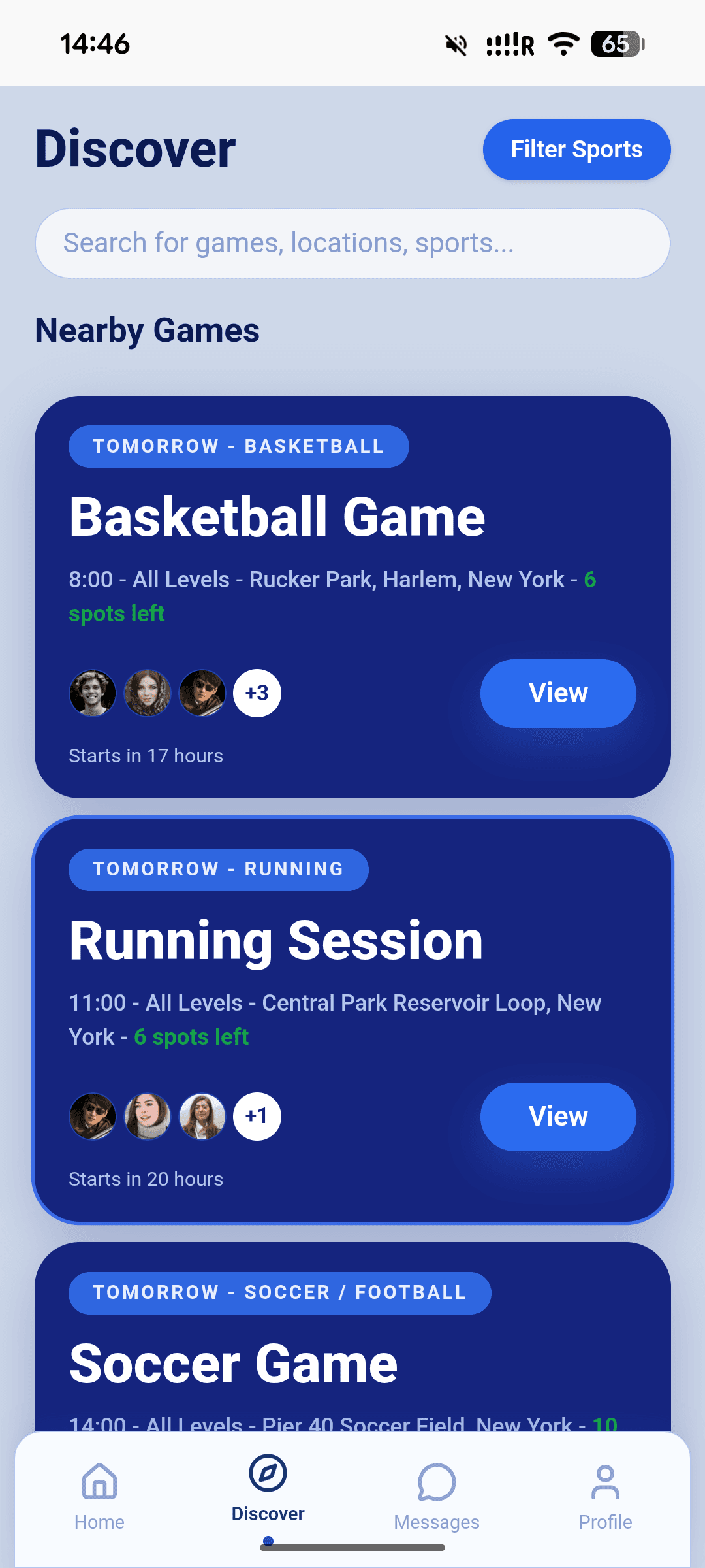 Discover screen showing nearby games
