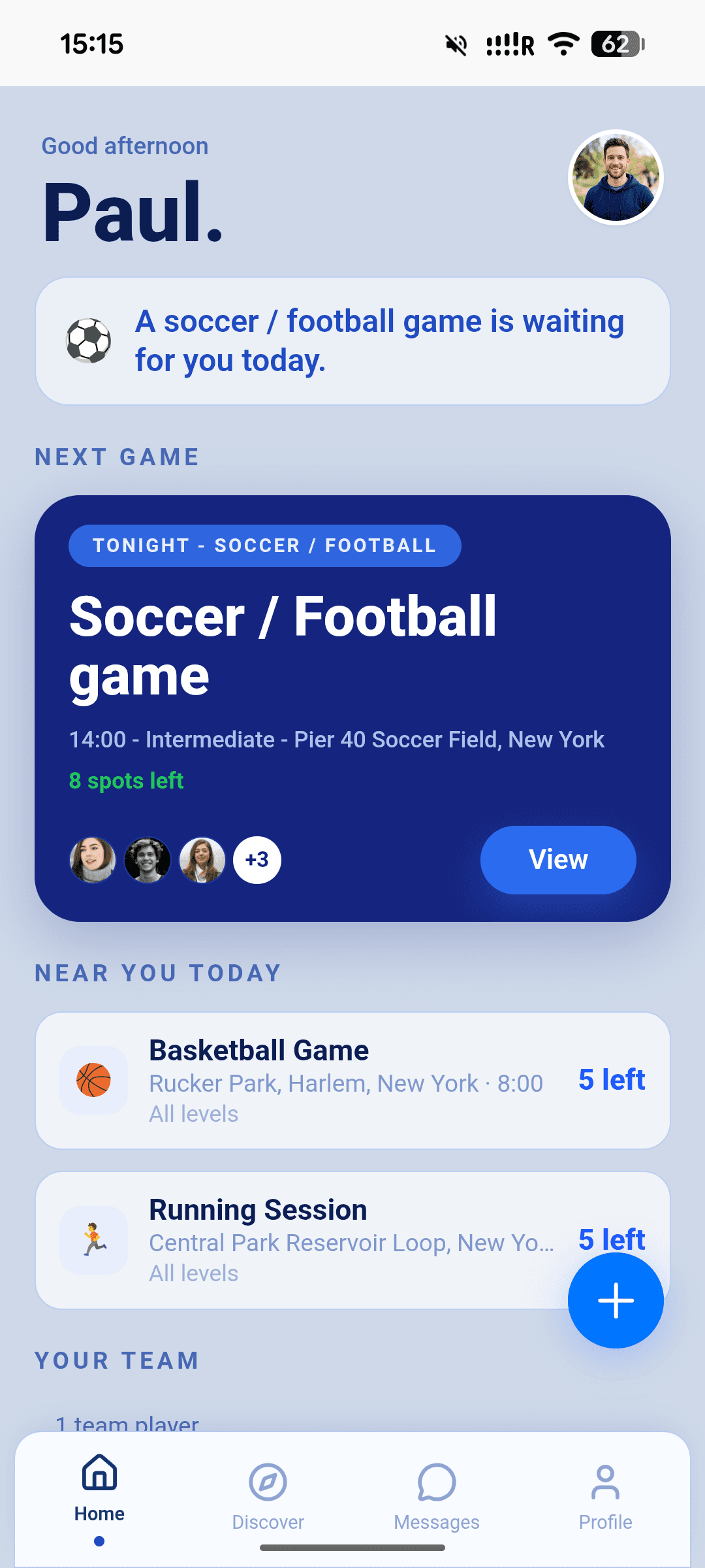 Home screen showing today's game and team activity