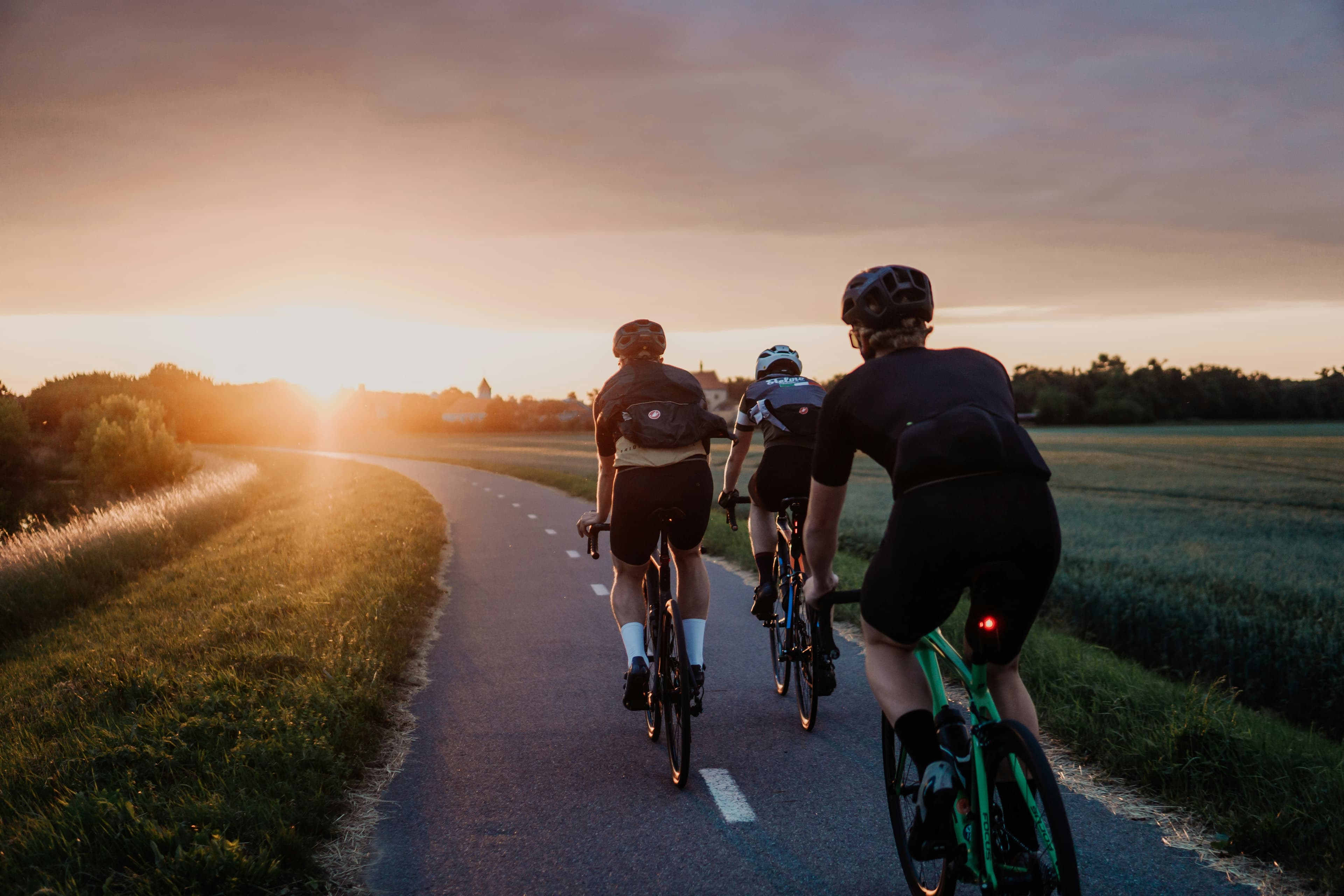 Cyclists riding at sunset
